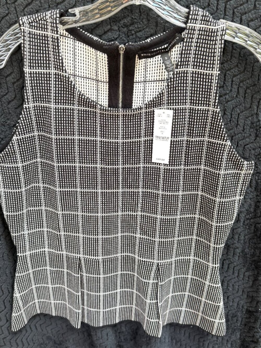 NWT Womens White House Black Market Peplum Black w/Ecru Sleevless Knit Top Small